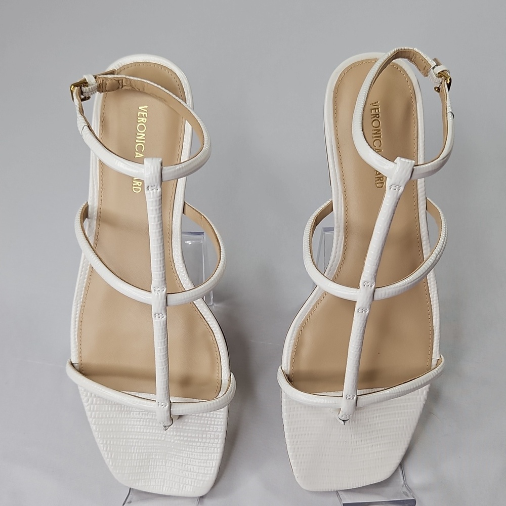 Veronica Beard Marbella lizard-embossed T-strap sandal  parchment white Sz 8 NWT - Picture 4 of 9